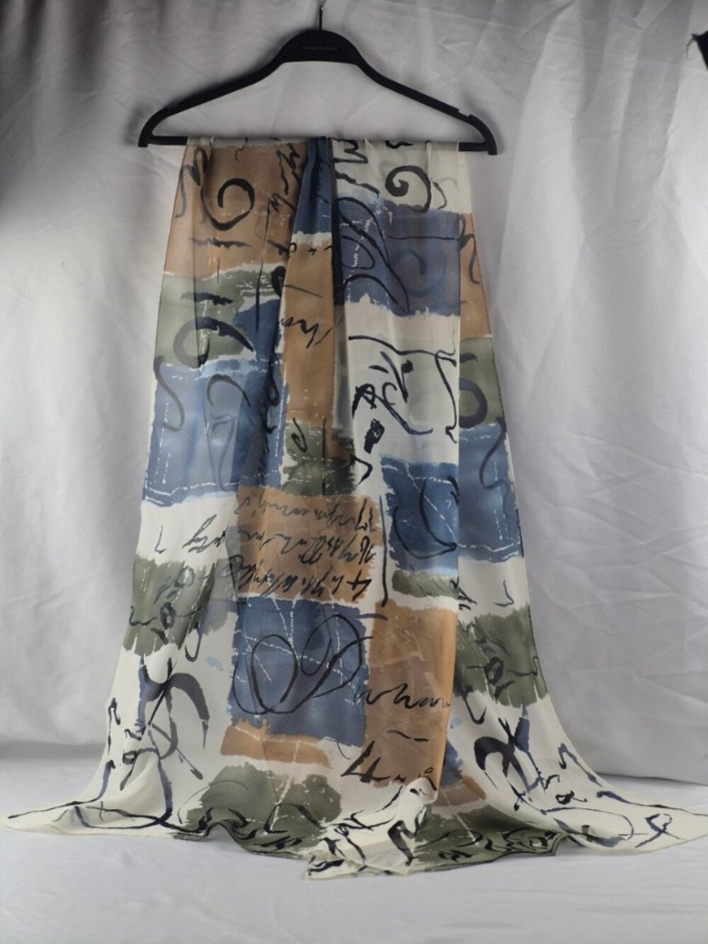 Vintage Linda Davis Rectangular Silk Scarf Abstract Block Print Calligraphy